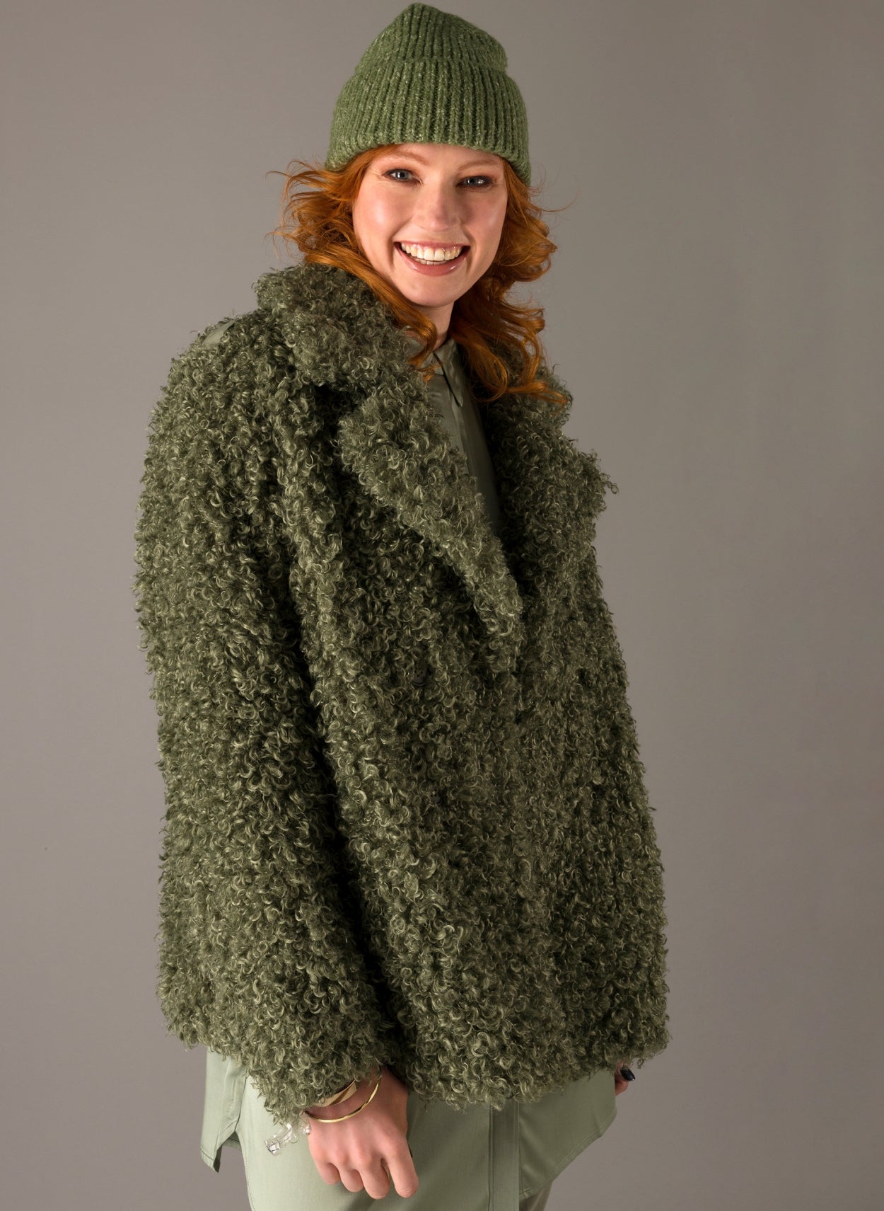 Green Faux Fur Jacket.-Clothing - Women-Yest-Grey Olive-2-Urbanheer