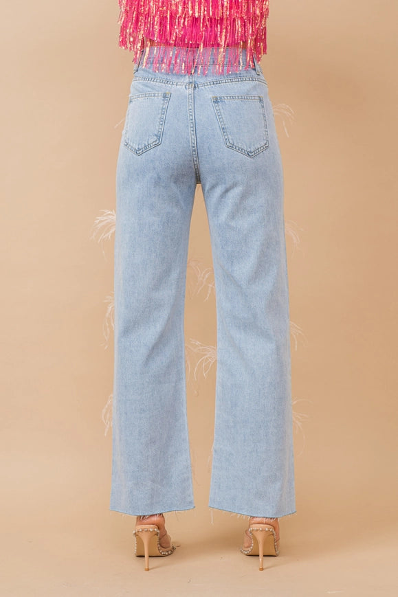 Feather Stone Embellished Mid Rise Denim Jeans