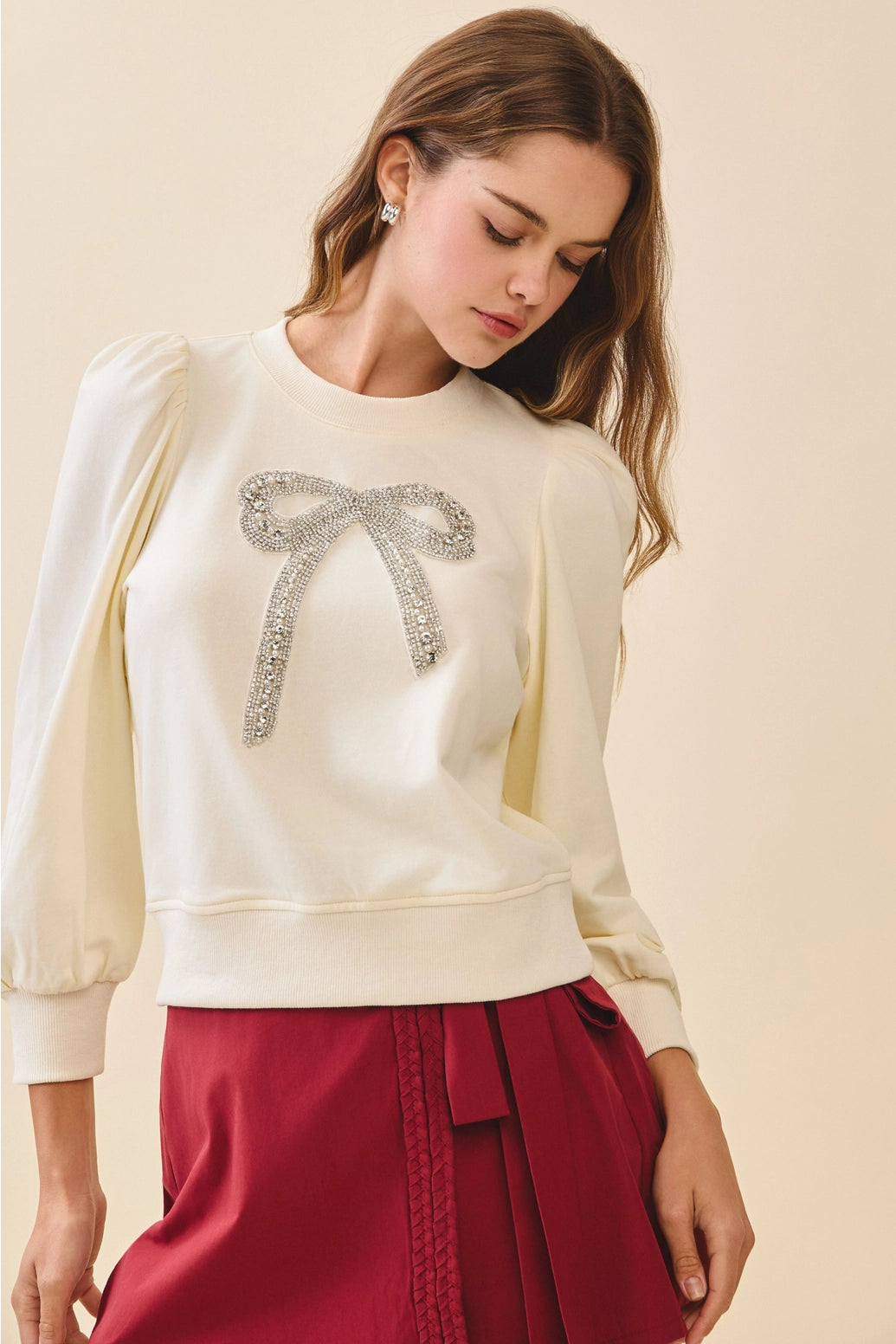 Front Crystal Embellished Bow Detail Sweatshirt