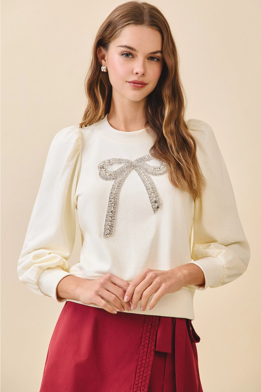 Front Crystal Embellished Bow Detail Sweatshirt
