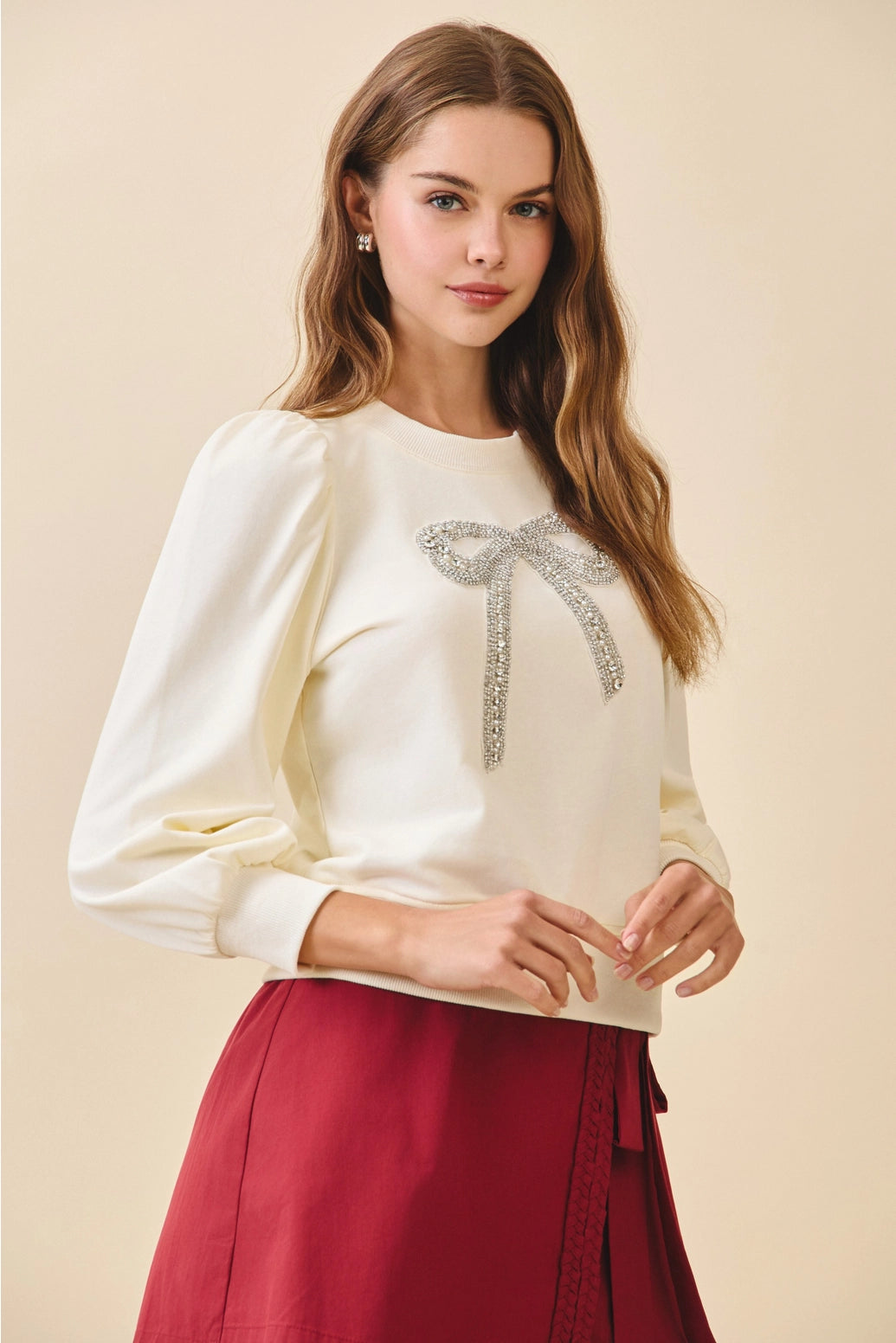 Front Crystal Embellished Bow Detail Sweatshirt