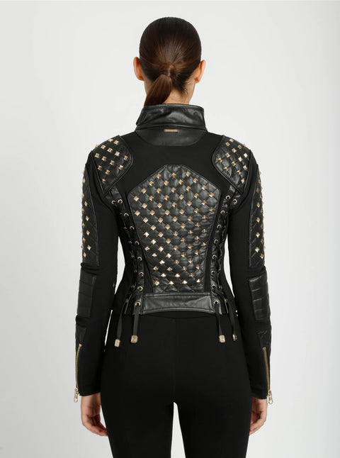 Pyramid Stud Mesh Genuine Leather Moto Jacket - Black