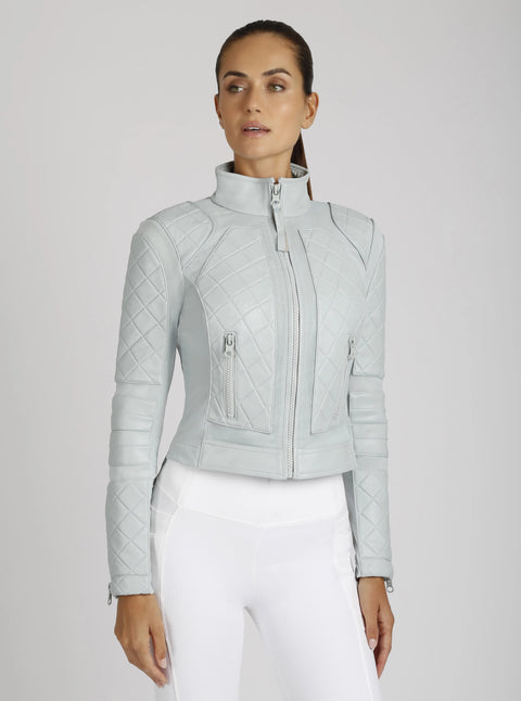 Classic Leather Mesh Moto Jacket - Pearl Blue