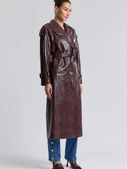 Croc-Embossed Faux Leather Belted Maxi Trench Coat