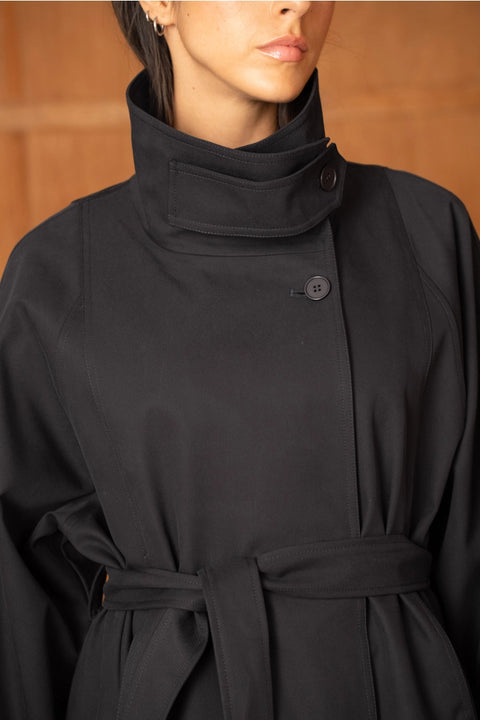 Utility Oversized Long Belted Trench with Stand-Up Collar