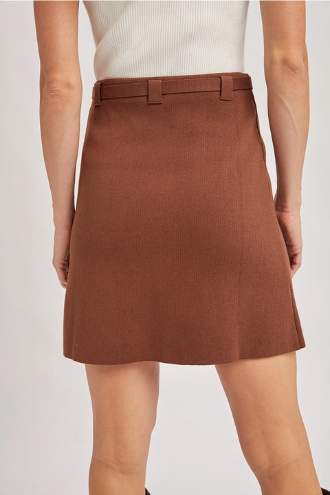 Buckle Belted Knit Straight-Cut Mini Skirt