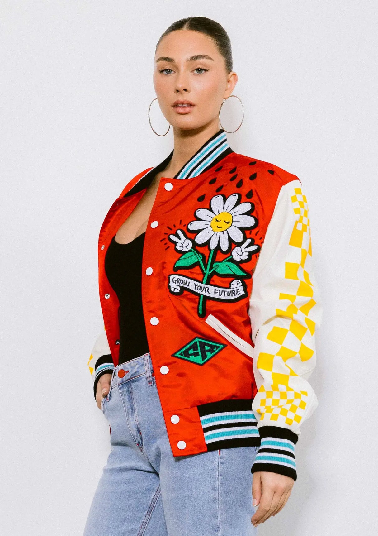Oversized Embroidered Contrast Varsity Jacket
