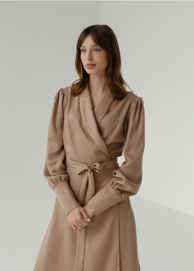 Beige Classic Elegant Evening Wrap Dress Midi-Dress-Nich Linen-XXS-Urbanheer