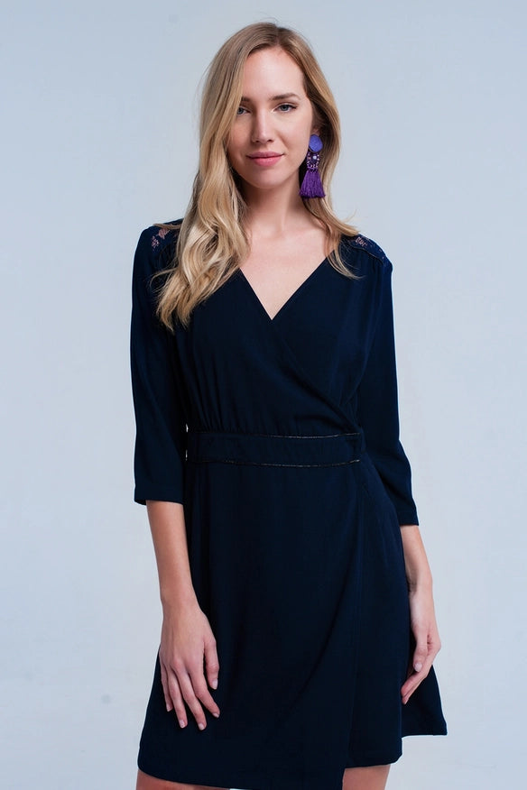 Navy Wrap Dress with Lace Detail-Dress-Q2-Urbanheer