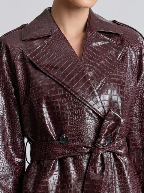Croc-Embossed Faux Leather Belted Maxi Trench Coat