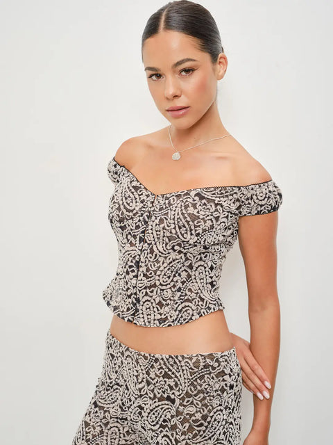 Kai Paisley Flocked Off Shoulder Top