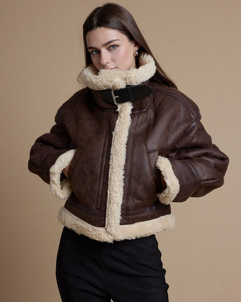 Vintage Faux Leather Sherpa Trim Aviator Jacket