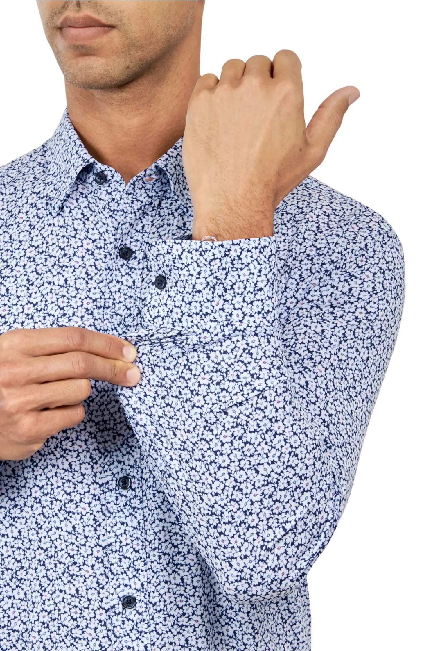 Navy Floral Print 4-Way Stretch Regular Fit Dress Shirt-W.R.K-15-Urbanheer