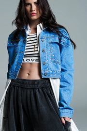 Denim Cropped Jacket in Blue with Studs and Chest Pockets-Shacket-Q2-Blue-S-Urbanheer