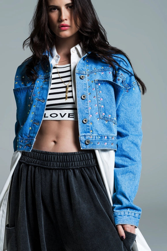 Denim Cropped Jacket in Blue with Studs and Chest Pockets-Shacket-Q2-Blue-S-Urbanheer