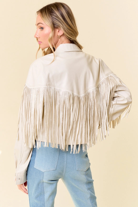 Cream Pu Silver Studded Fringe Button Down Jacket-Jacket-Saints & Hearts-S-Urbanheer