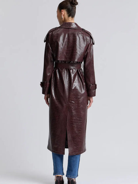 Croc-Embossed Faux Leather Belted Maxi Trench Coat