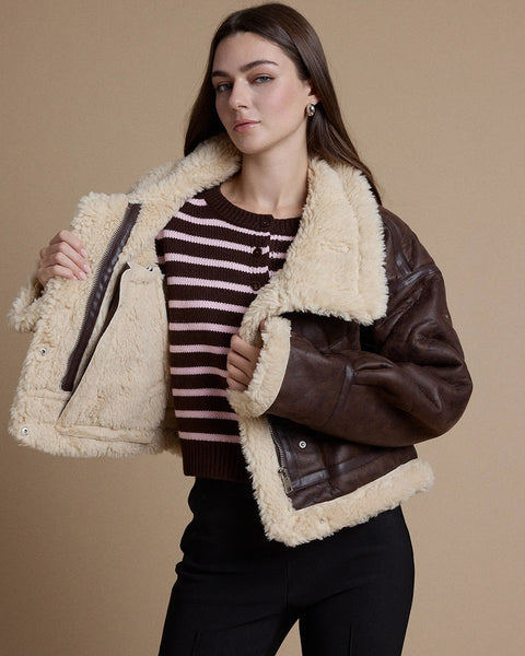 Vintage Faux Leather Sherpa Trim Aviator Jacket