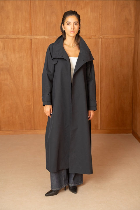 Utility Oversized Long Belted Trench with Stand-Up Collar