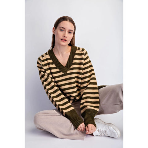 Striped Cozy Cashmere V-Neck Sweater