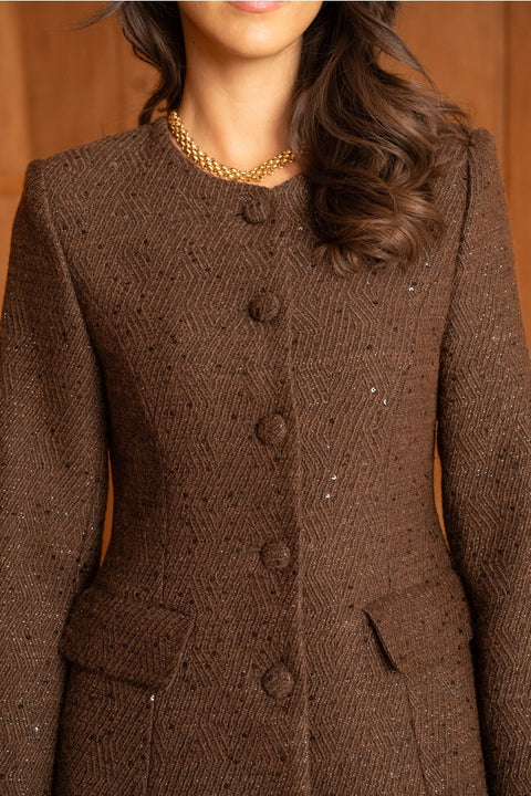Sequined Tweed Jacket with A Round Neckline Made of Wool
