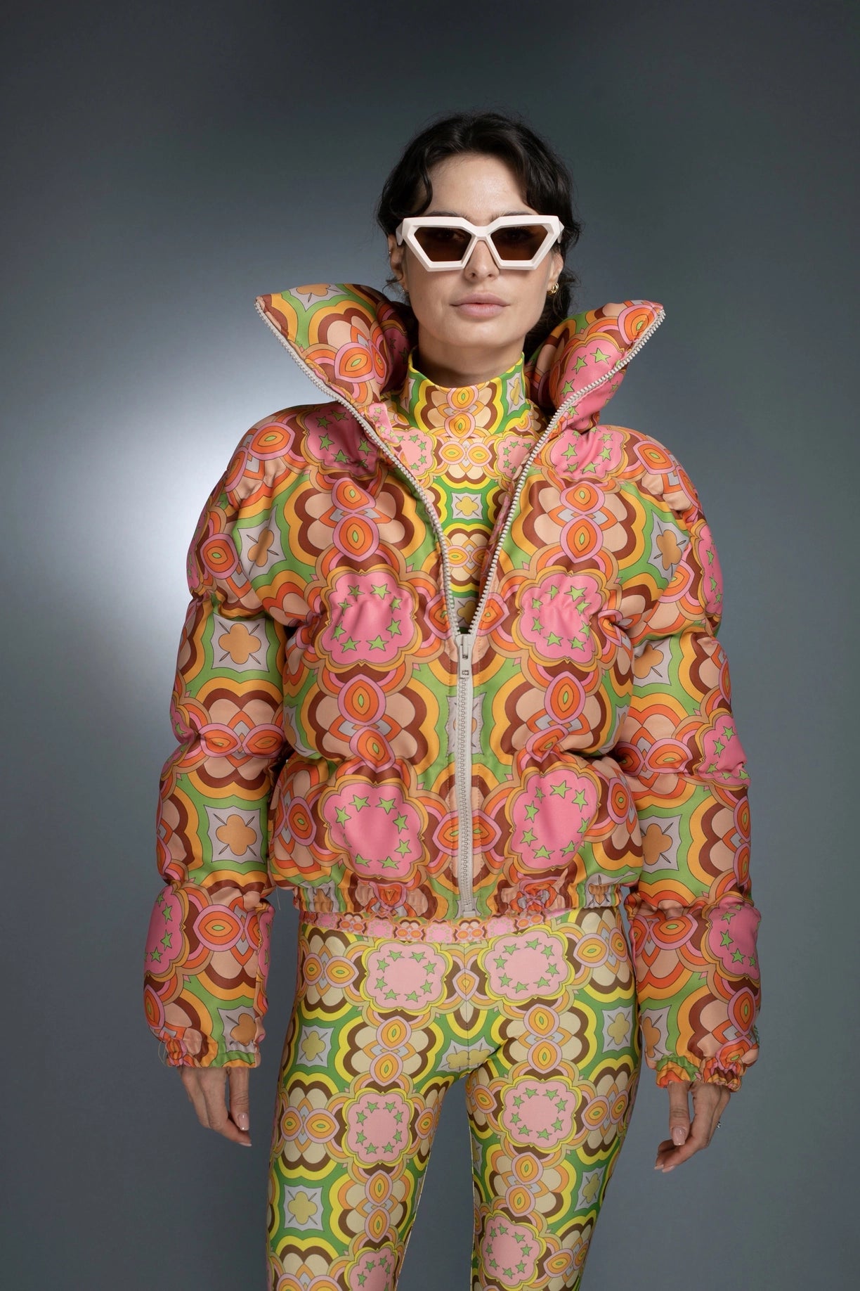 Long Sleeves Cowl Neck Lustrous Printed Puffer Jacket-Nuvula-S-Urbanheer