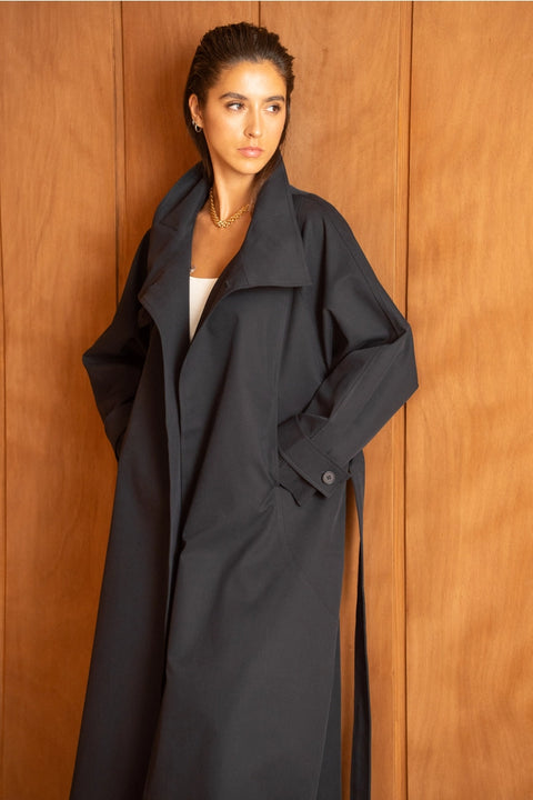 Utility Oversized Long Belted Trench with Stand-Up Collar