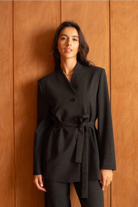 Diana Belted Double-Breasted Jacket with No Lapels