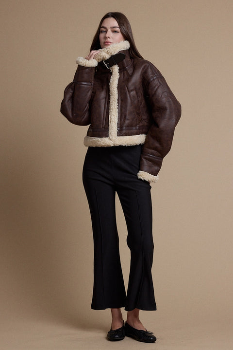 Vintage Faux Leather Sherpa Trim Aviator Jacket