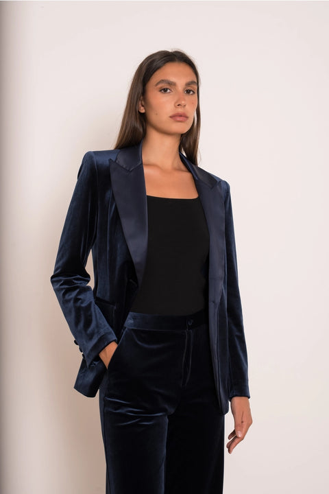 Velvet Fitted Velvet Tuxedo Blazer with Satin Lapel