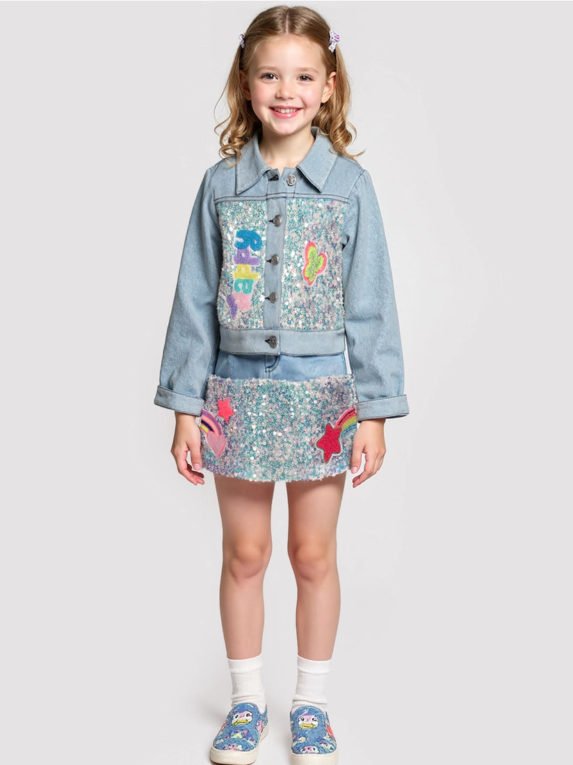Denim and Sequin Jacket w/ Patch Trims