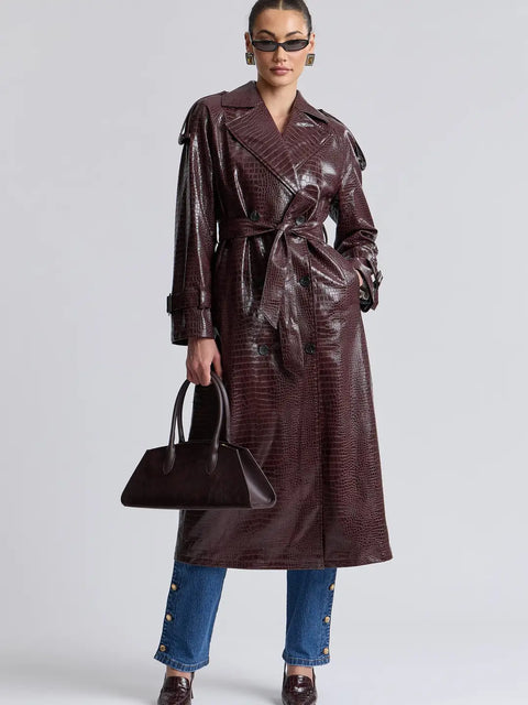 Croc-Embossed Faux Leather Belted Maxi Trench Coat
