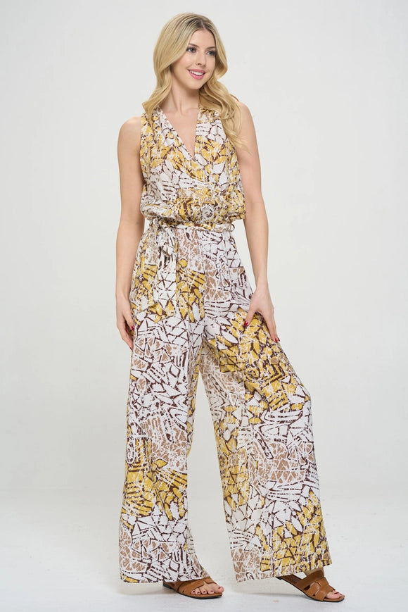Made in USA Print V Neck Sleeveless Jumpsuit with Tie Multi-Colored-Jumpsuit-Renee C.-Urbanheer