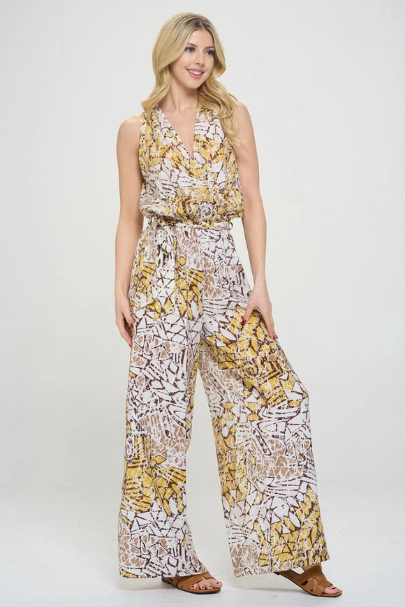 Made in USA Print V Neck Sleeveless Jumpsuit with Tie Multi-Colored-Jumpsuit-Renee C.-Multi-Colored-S-Urbanheer