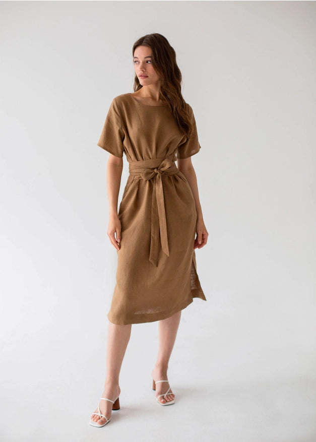 Belted Linen Dress For Woman With Short Sleeves In Beige-Dress-Nich Linen-XXS-Urbanheer