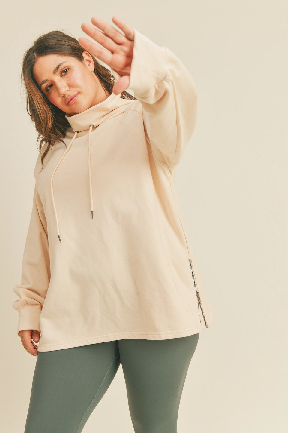 Mock Neck Side Zippers Sweatshirt-Clothing - Women-Kimberly C-Cream-1X-Urbanheer