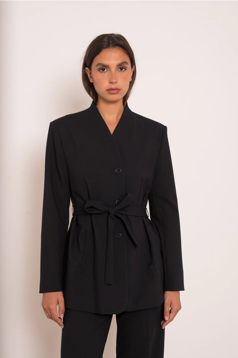 Diana Belted Double-Breasted Jacket with No Lapels