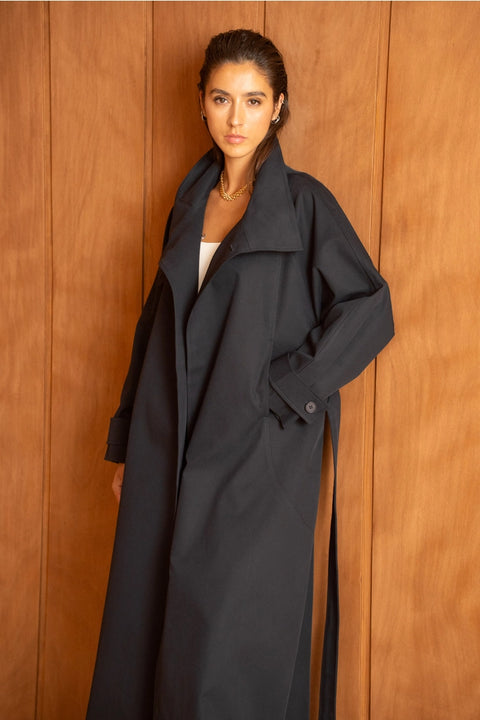 Utility Oversized Long Belted Trench with Stand-Up Collar