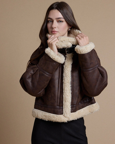 Vintage Faux Leather Sherpa Trim Aviator Jacket