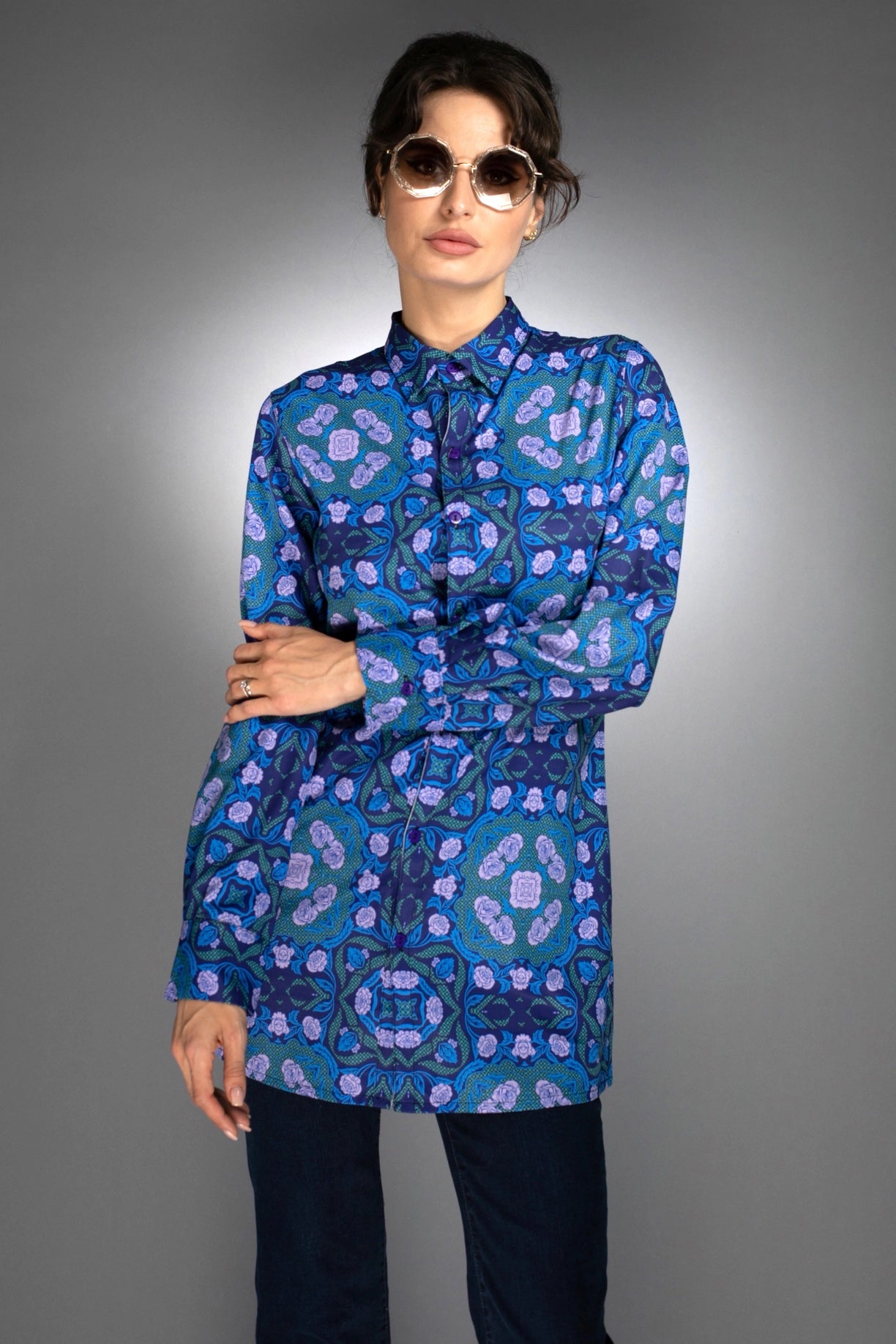 Floral Geometric Shape Long Shirt Roses Cobalt Blue / Lilac-Nuvula-XS-Urbanheer