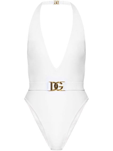 Dolce & Gabbana-white plunge-neck belted one-piece swimsuit