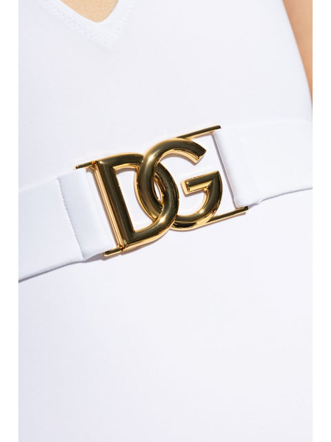 Dolce & Gabbana-white plunge-neck belted one-piece swimsuit