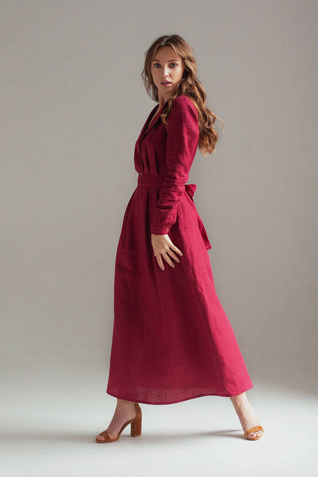 Burgundy Red Linen Dress Maxi With Front Buttons And Collar-Clothing - Women-Nich Linen-Burgundy-XXS-Urbanheer