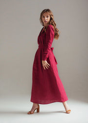 Burgundy Red Linen Dress Maxi With Front Buttons And Collar-Clothing - Women-Nich Linen-Burgundy-XXS-Urbanheer