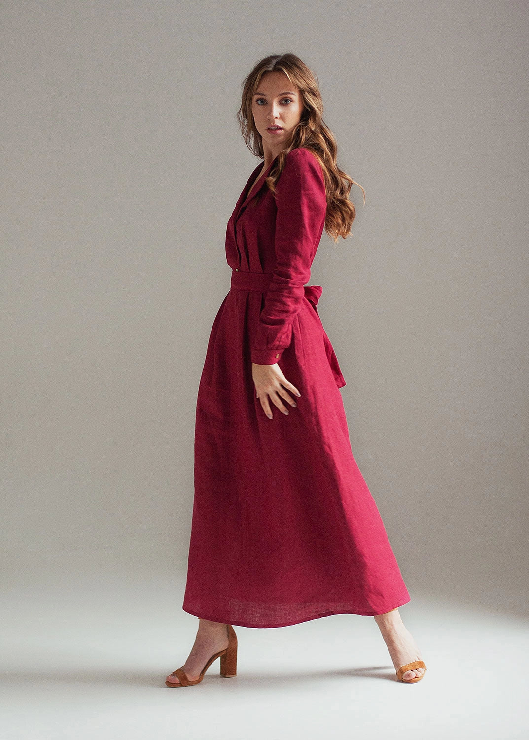 Burgundy Red Linen Dress Maxi With Front Buttons And Collar-Clothing - Women-Nich Linen-Burgundy-XXS-Urbanheer