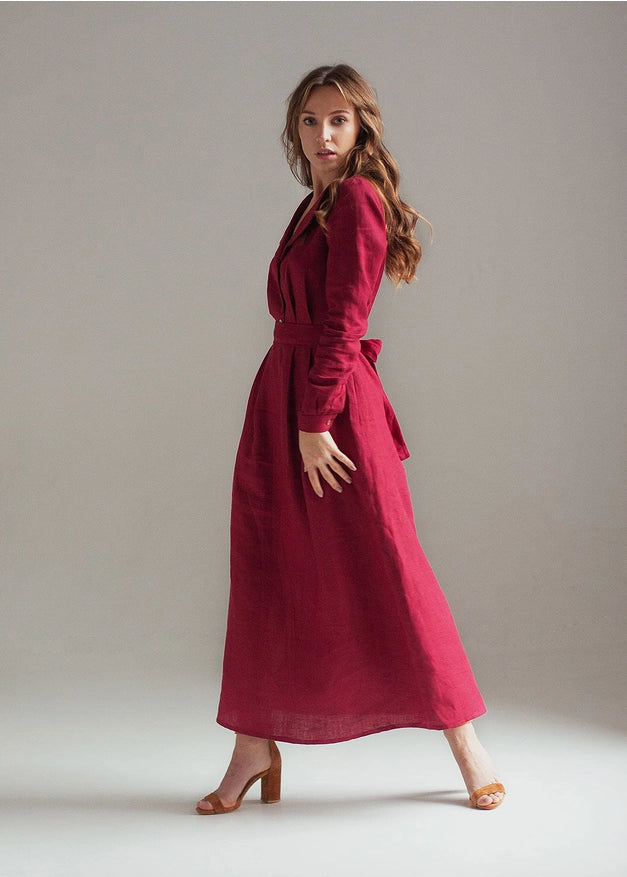 Burgundy Red Linen Dress Maxi with Front Buttons and Collar
