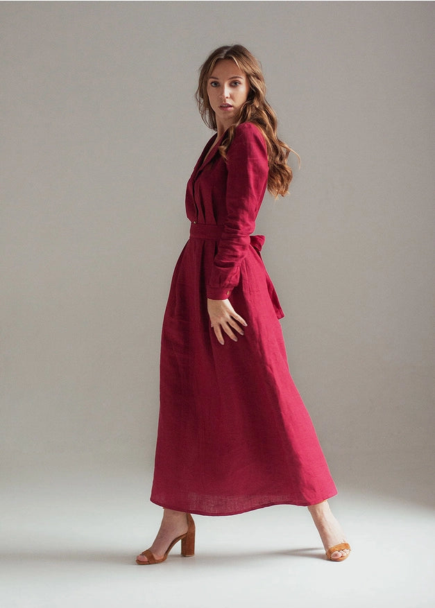 Burgundy Red Linen Dress Maxi With Front Buttons And Collar-Dress-Nich Linen-XXS-Urbanheer