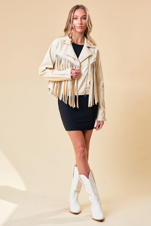 Cream Faux Leather Fringe Jacket with Gold Stars-Jacket-Saints & Hearts-S-Urbanheer
