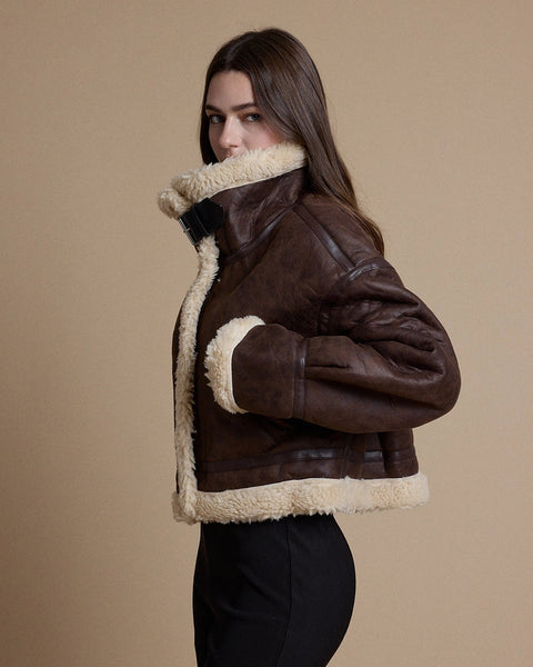 Vintage Faux Leather Sherpa Trim Aviator Jacket