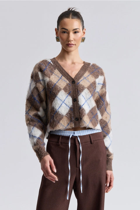 Brushed Argyle Jacquard Cropped Cardigan
